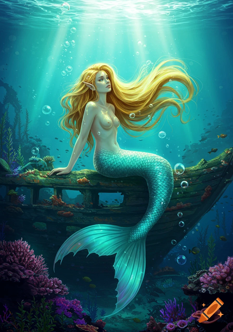 An artistic illustration of a long-haired mermaid with a blue tail sitting on a sunken ship amidst coral underwater.