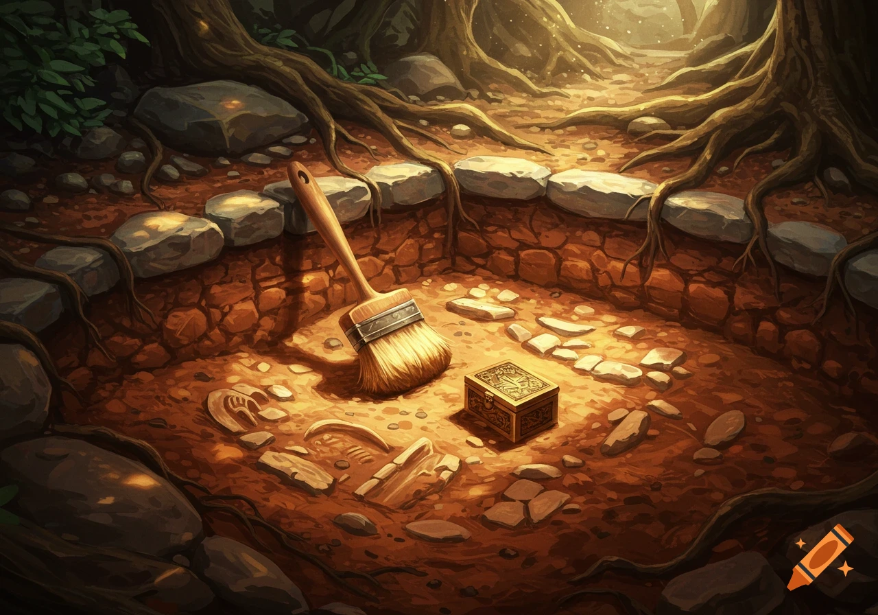 Illustrative image of an archaeological excavation site in a forest with a brush, an ornate golden box, and bone fragments in a sunlit pit.