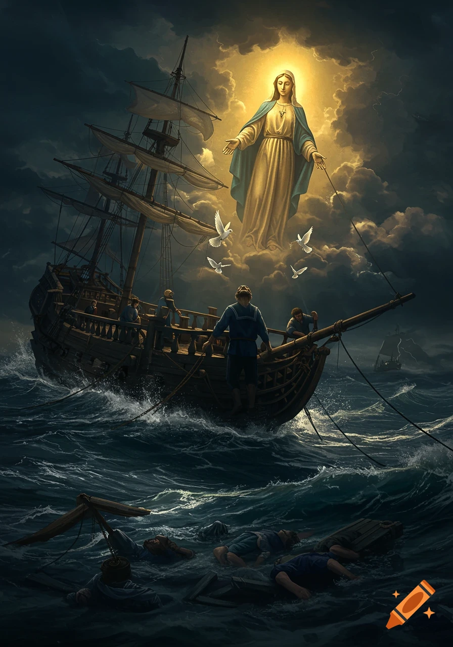 Dramatic digital painting of the Virgin Mary appearing in glowing clouds above a sinking ship with struggling sailors and bodies floating in a stormy sea.