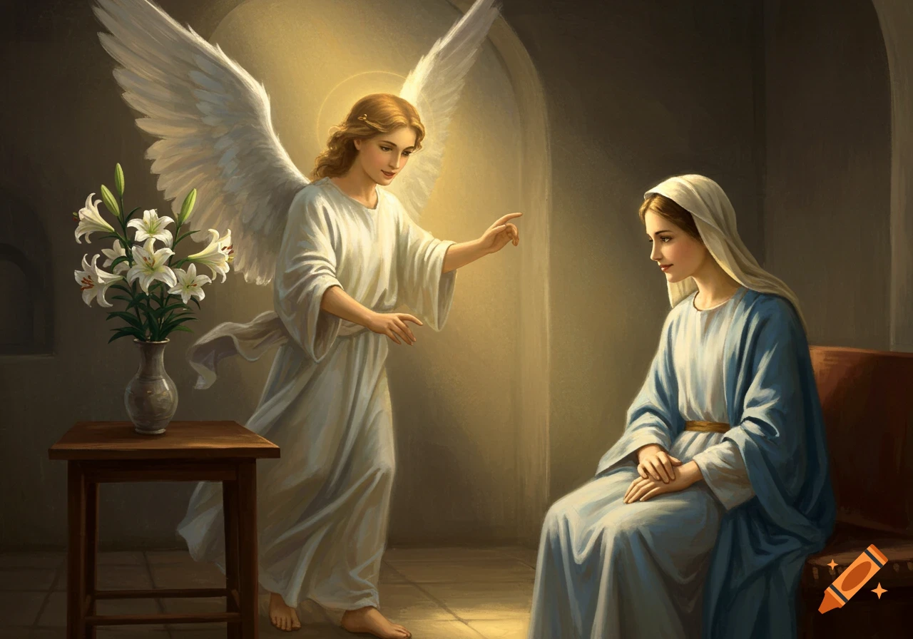 A classical painting of a glowing angel speaking to a seated Virgin Mary in a dimly lit room with lilies.