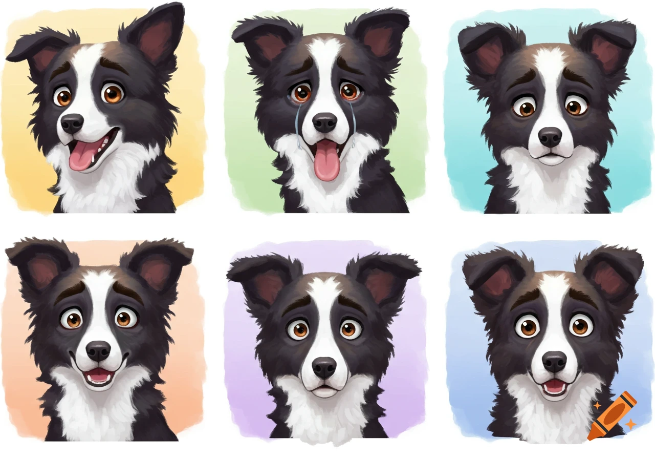 Six cartoon illustrations of a Border Collie dog's face showing various expressions like happy, sad, surprised, and excited, on colorful backgrounds.
