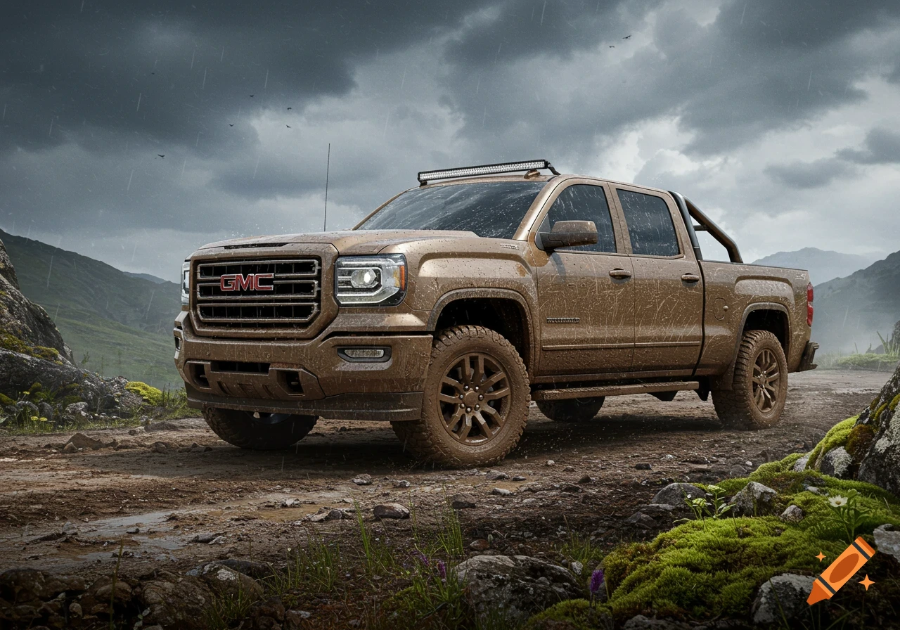 A muddy, bronze GMC pickup truck with a light bar drives on a dirt road in the rain, with green mountains in the background.