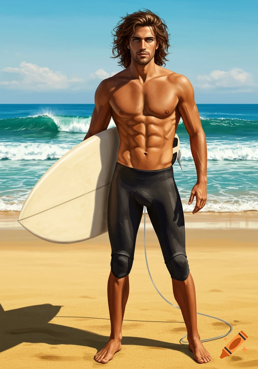Muscular man with brown hair and blue eyes stands on a beach holding a surfboard, ocean waves behind him. Realistic style.