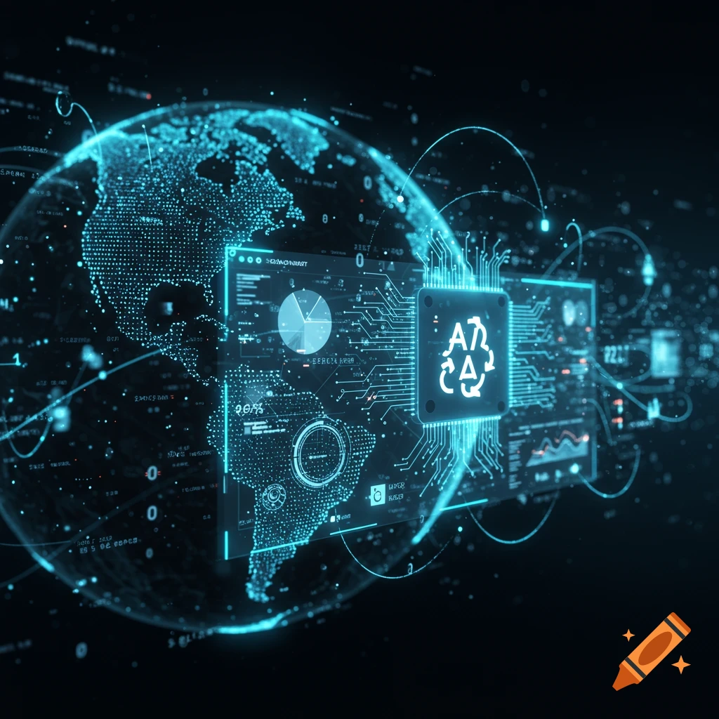 Digital representation of Earth with glowing circuits, data interfaces, charts, and a central chip symbolizing AI.