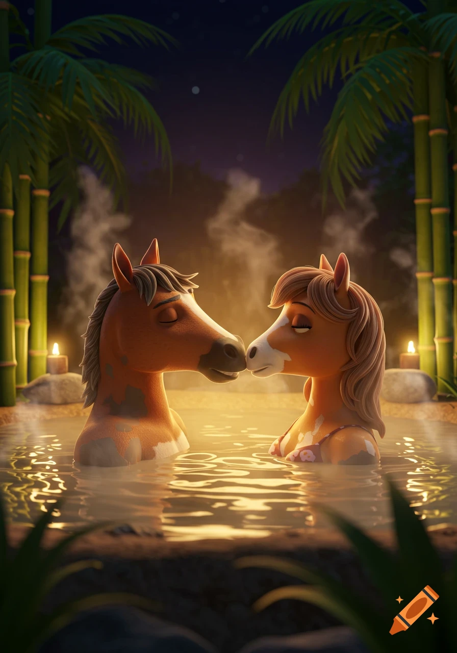 Two anthropomorphic animated horses, a male and female, nuzzling in a candlelit hot tub surrounded by bamboo and palm trees at night.