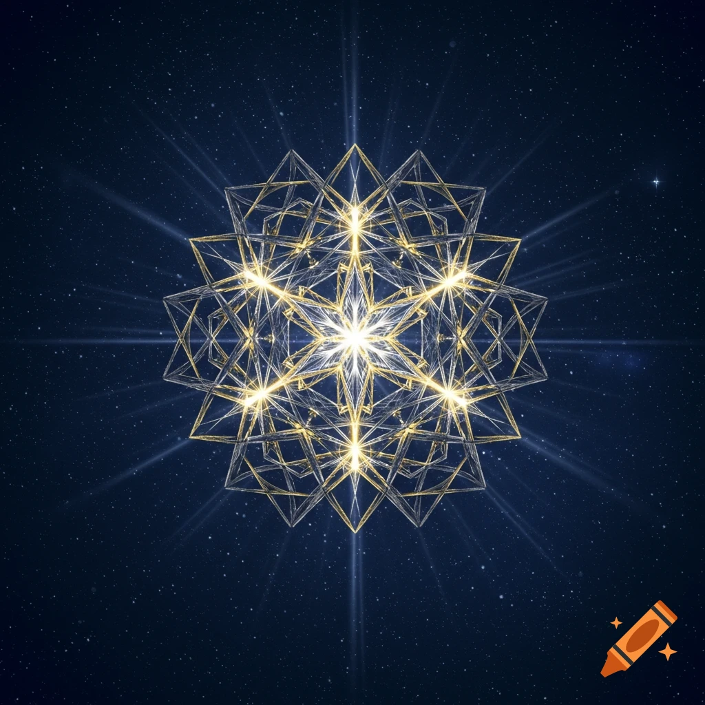 A glowing, intricate geometric star mandala against a dark blue cosmic background with light rays and stars.