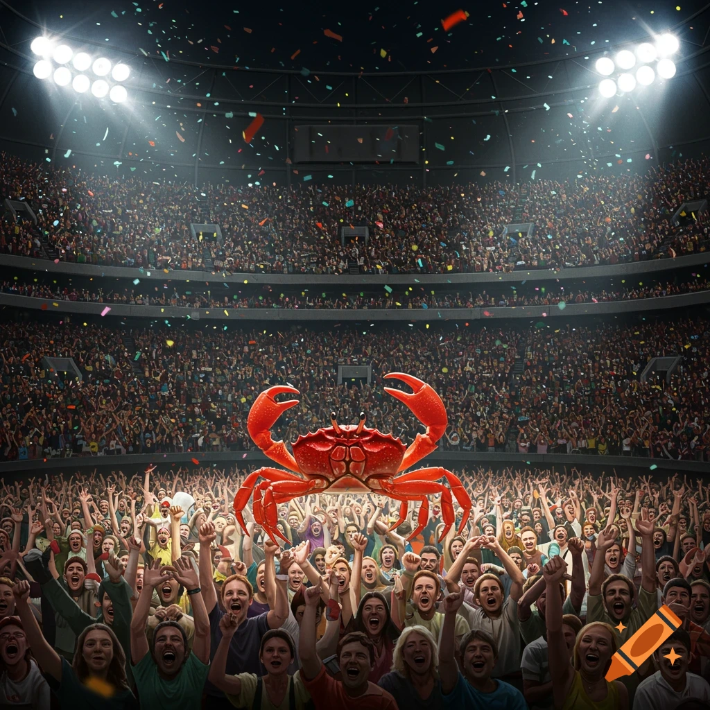 A colossal red crab in a brightly lit stadium, with a cheering crowd and confetti falling.