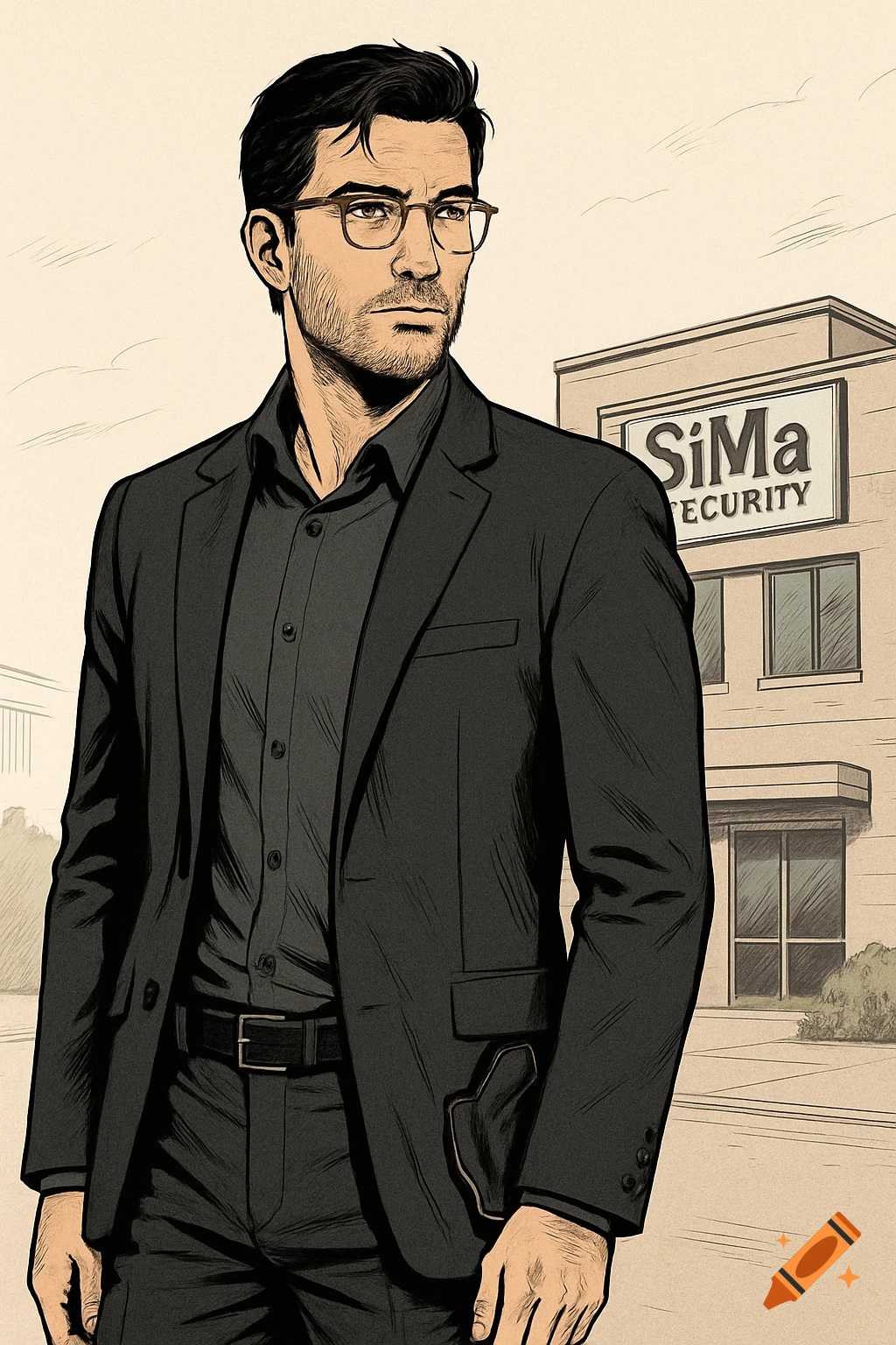 A man with a beard and glasses in a black suit with a holster stands in front of a 'SiMa Security' building in comic art style.