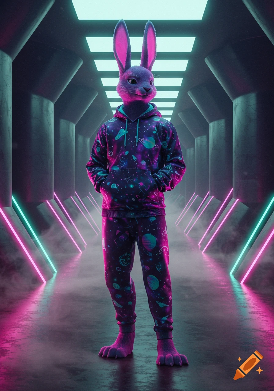 A purple anthropomorphic rabbit in a spacey vaporwave hoodie and pants stands in a neon-lit futuristic corridor.