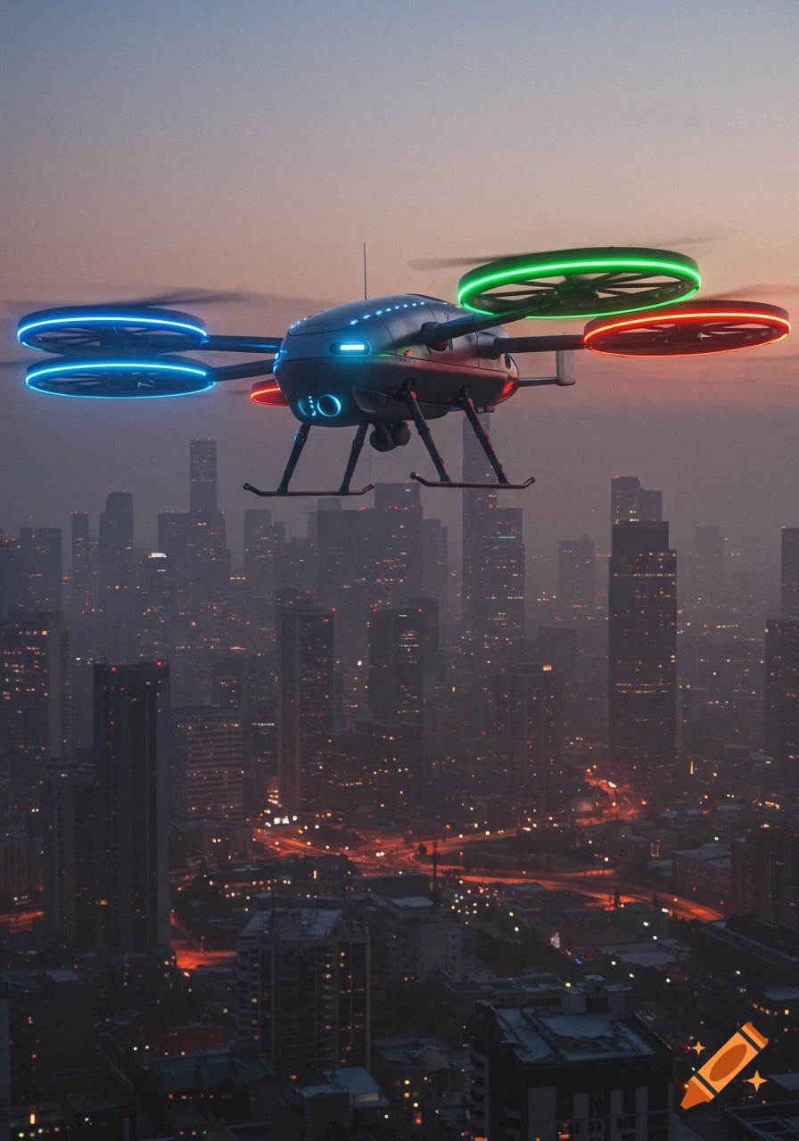 A futuristic drone with glowing blue, green, and red propeller rings flies over a city skyline lit up at dusk.