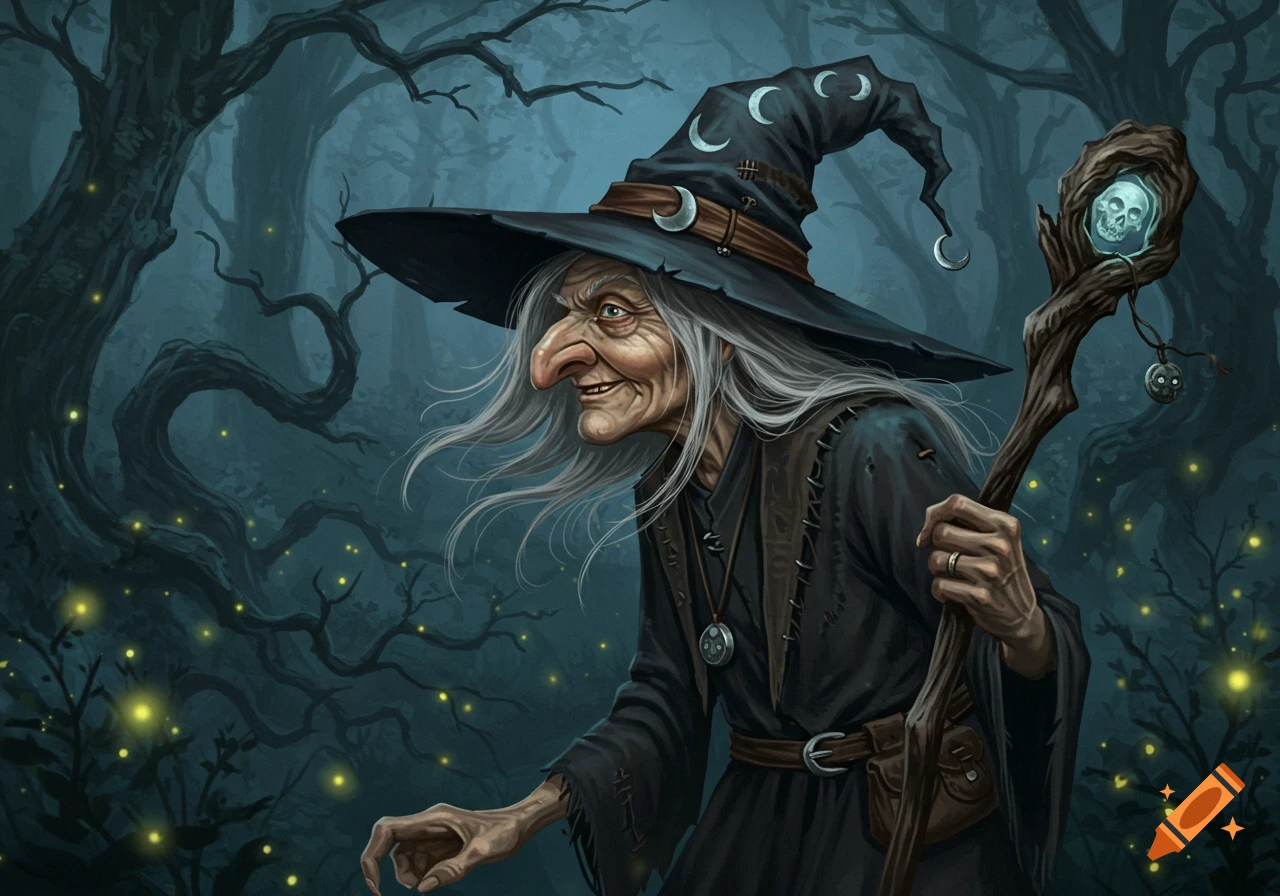 An old witch with a large nose, white hair, and a moon-adorned hat holds a glowing skull staff in a dark, magical forest with fireflies.