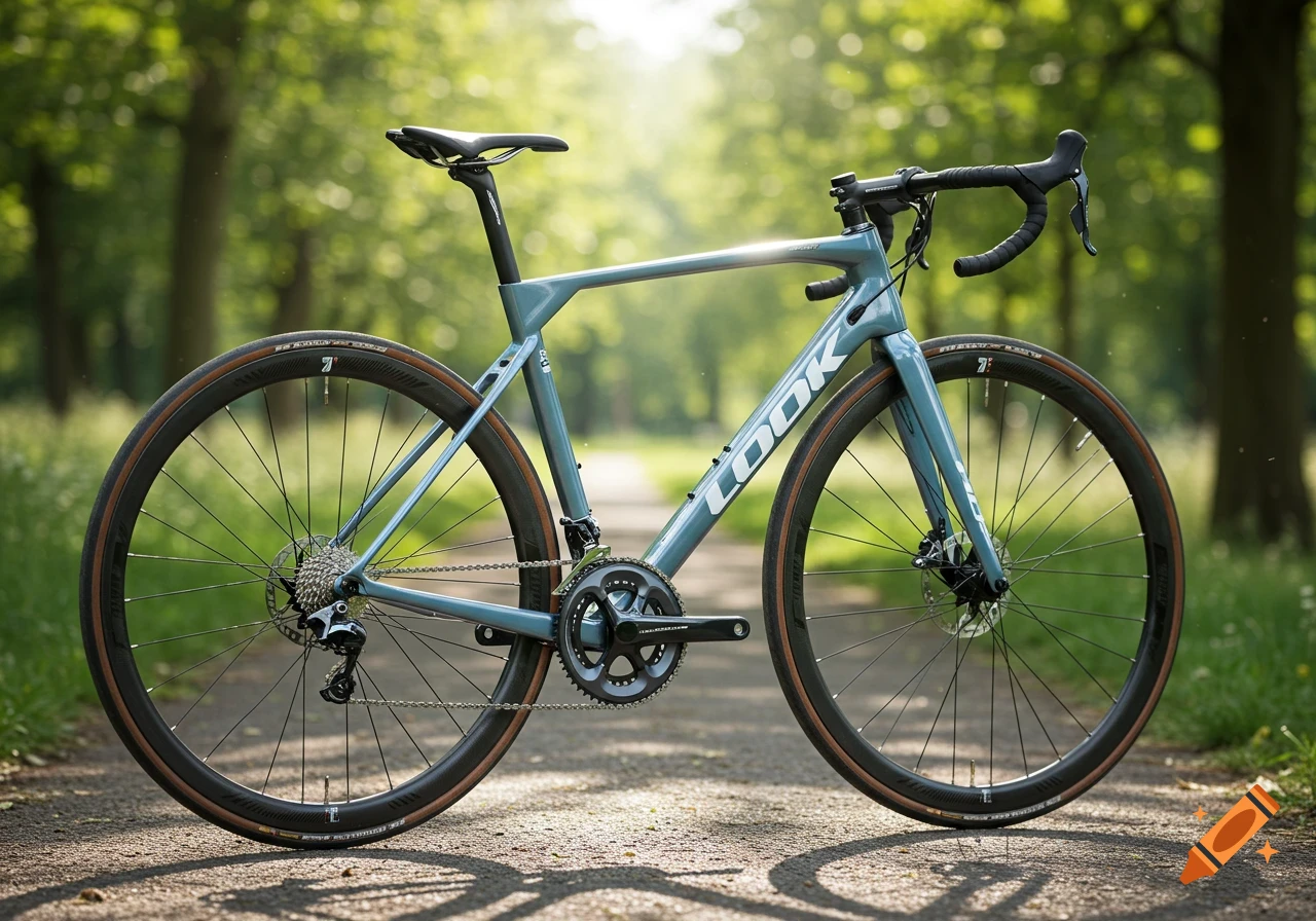 A blue-grey Look road bicycle with disc brakes is parked on a sunlit path surrounded by green trees. Photorealistic.