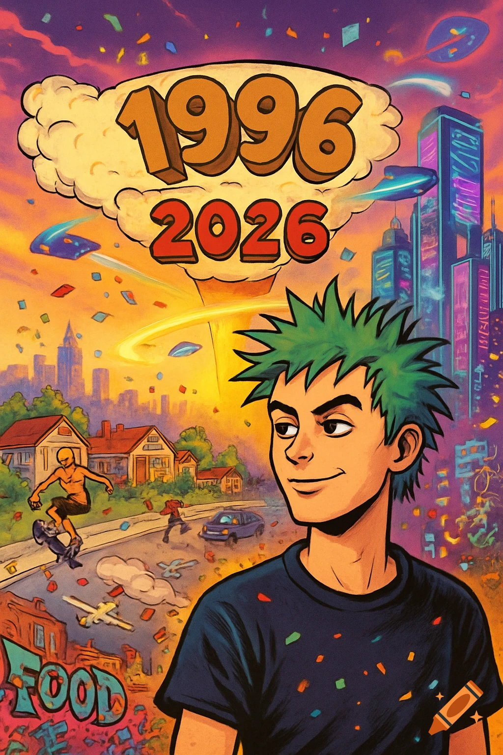 A comic art illustration of a punk character with green spiky hair in front of a chaotic street scene with skateboarders, houses, a futuristic city, and UFOs. Numbers 1996 and 2026 are prominent.