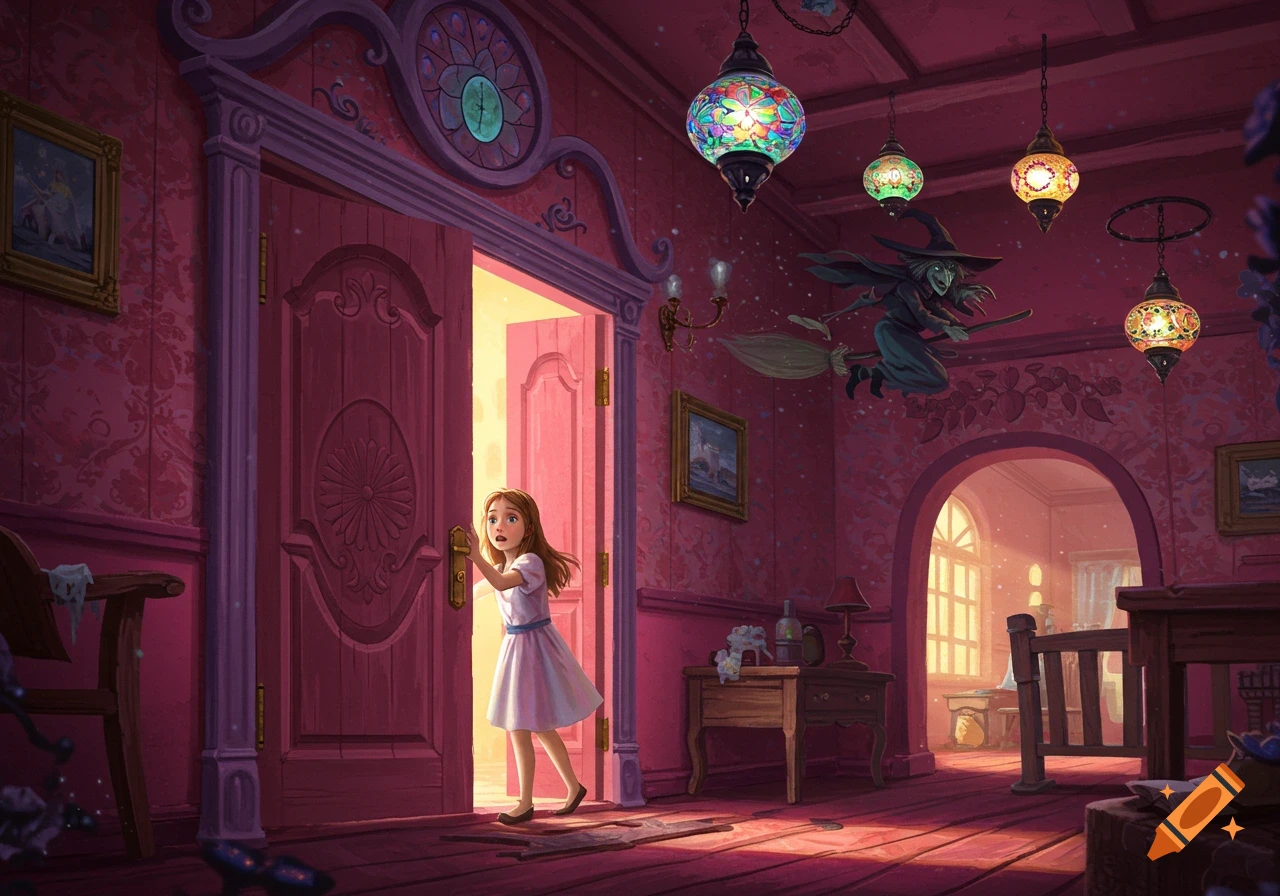 A young girl with a scared expression opens a door to a dark pink, ornate room where a witch flies on a broom.