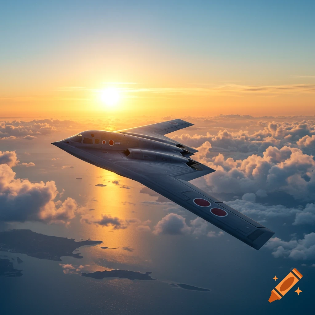A dark gray stealth bomber with red Japanese roundels flies above clouds and a sunset-lit ocean.