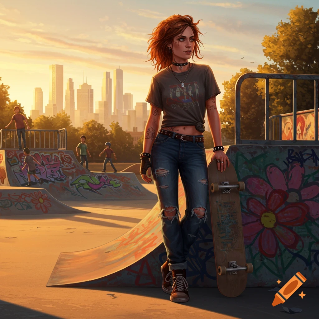 A red-haired punk girl in ripped jeans stands in a skate park at sunset, holding a skateboard with a city skyline in the background.