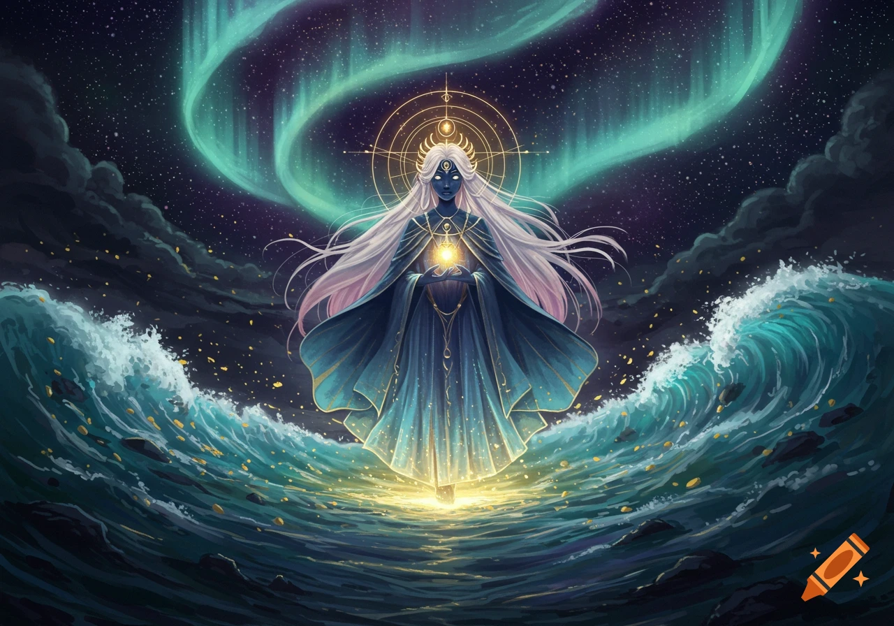 A mystical, blue-skinned figure with long white hair floats above turbulent water under a starry sky with aurora, holding a glowing orb.