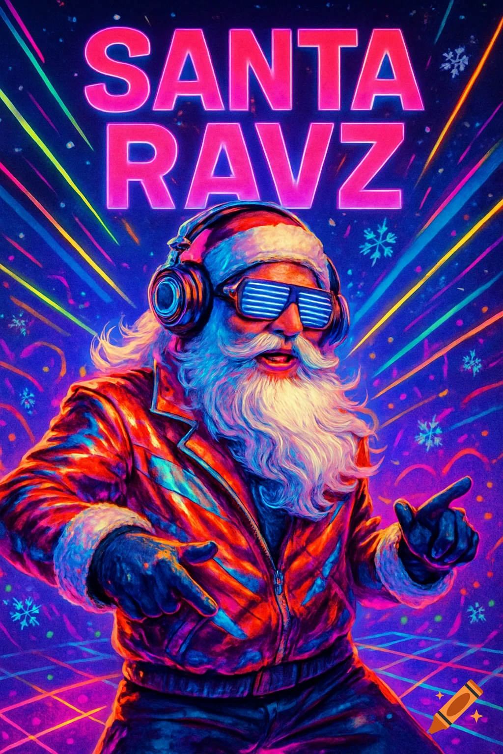 A vibrant, neon-lit image of a Santa Claus with headphones and shutter shades, wearing a shiny jacket, in a rave style with "SANTA RAVZ" text.