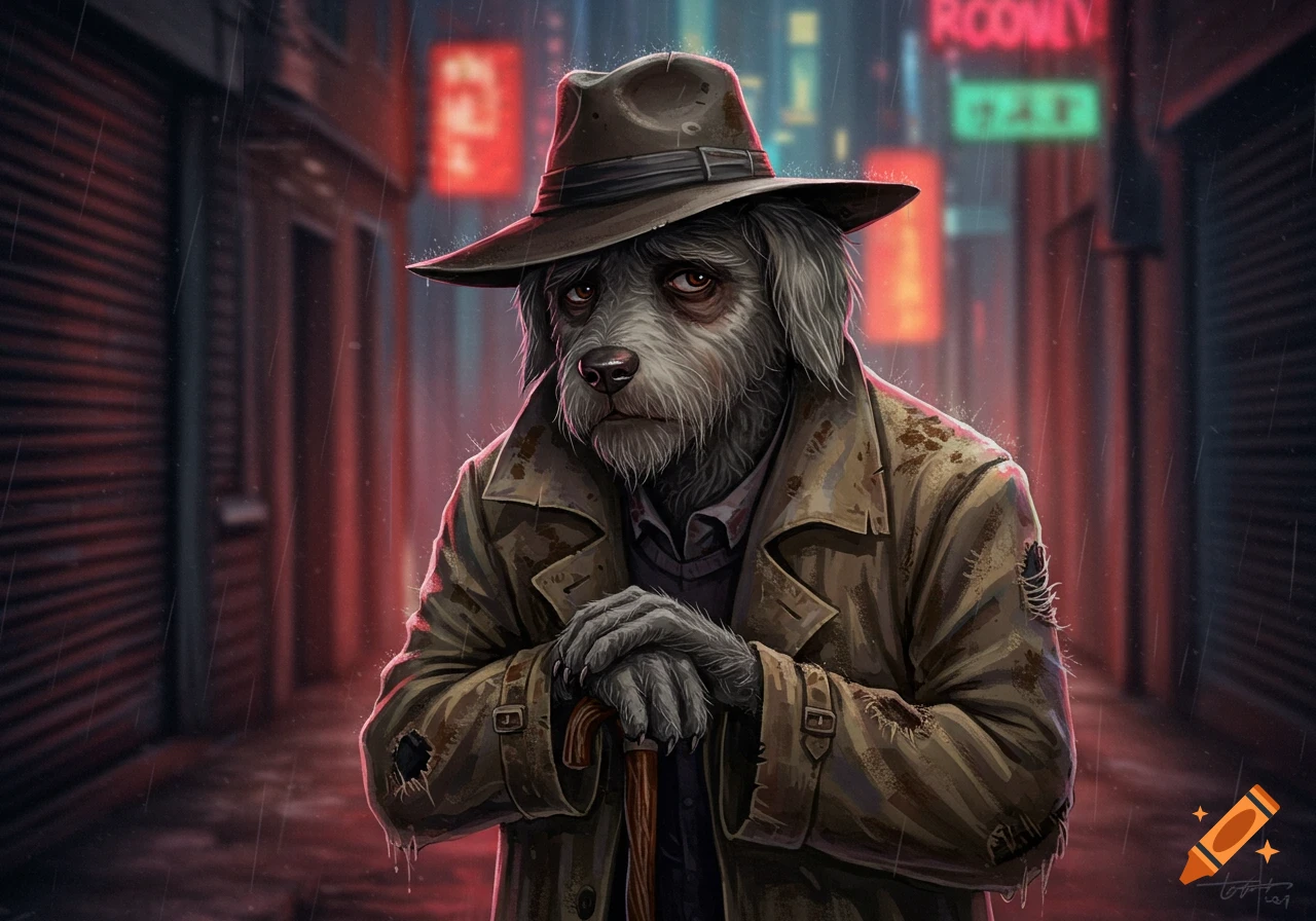 A shaggy anthropomorphic dog in a tattered trench coat and hat, holding a cane, stands in a rainy, neon-lit city alley, in an illustrative style.