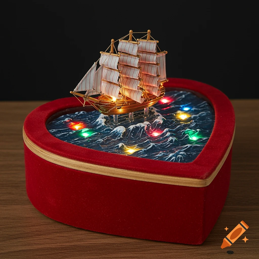 A heart-shaped red velvet music box with a golden ship model and colorful lights on a wavy blue surface.