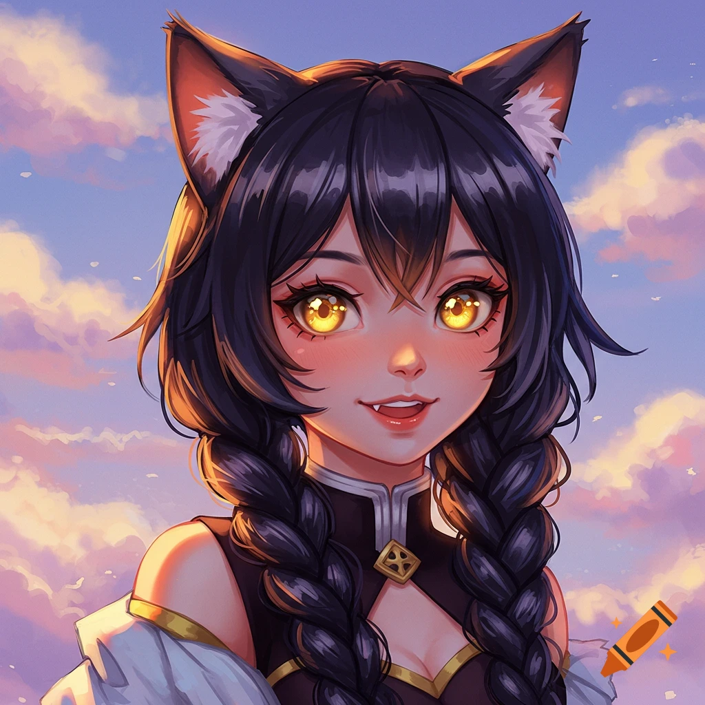 Close-up of a cute anime girl with black hair, cat ears, golden eyes, and braided pigtails against a cloudy sky.