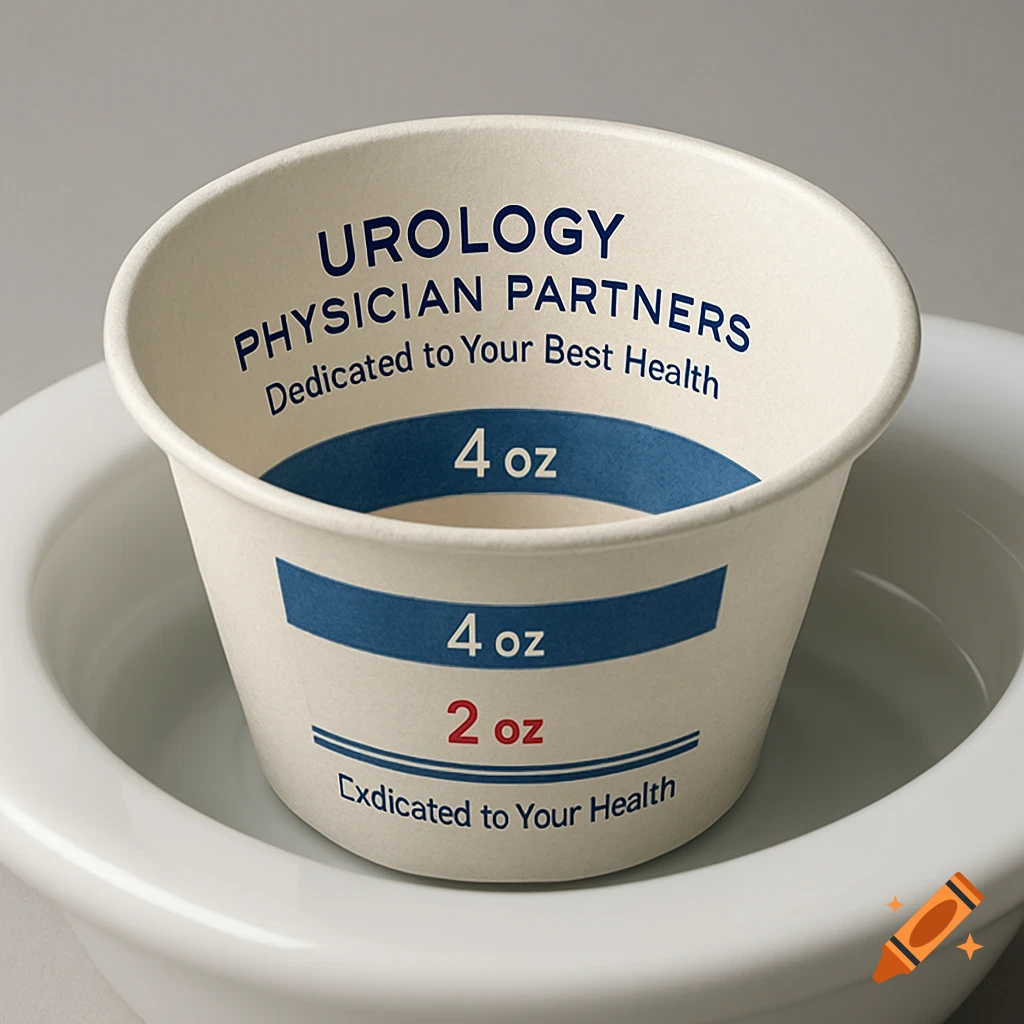 Close-up of a white paper cup labeled "Urology Physician Partners, Dedicated to Your Best Health" with blue "4 oz" lines and a red "2 oz" line, sitting in a toilet bowl.
