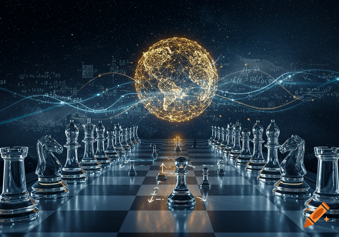 Chess pieces on a reflective board beneath a glowing, interconnected global network, with abstract mathematical formulas and light trails in a starry dark sky.