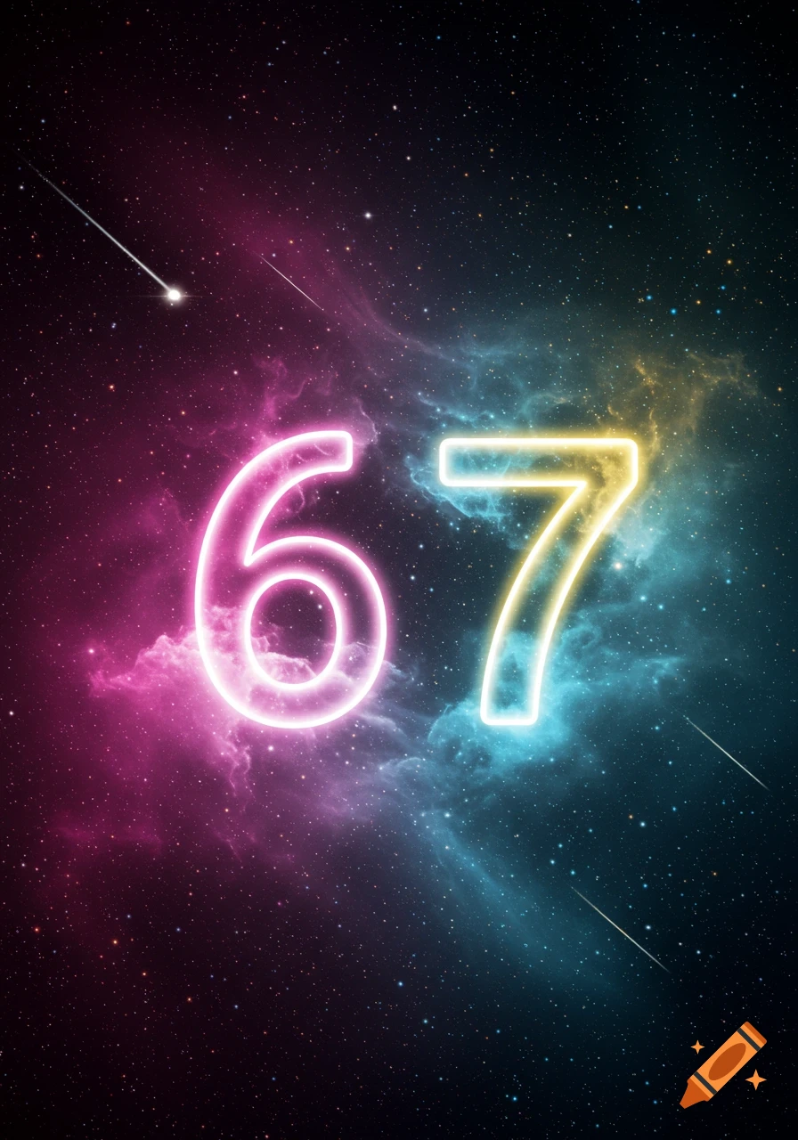 Neon numbers 67 glowing brightly against a colorful space background with stars and nebulae.