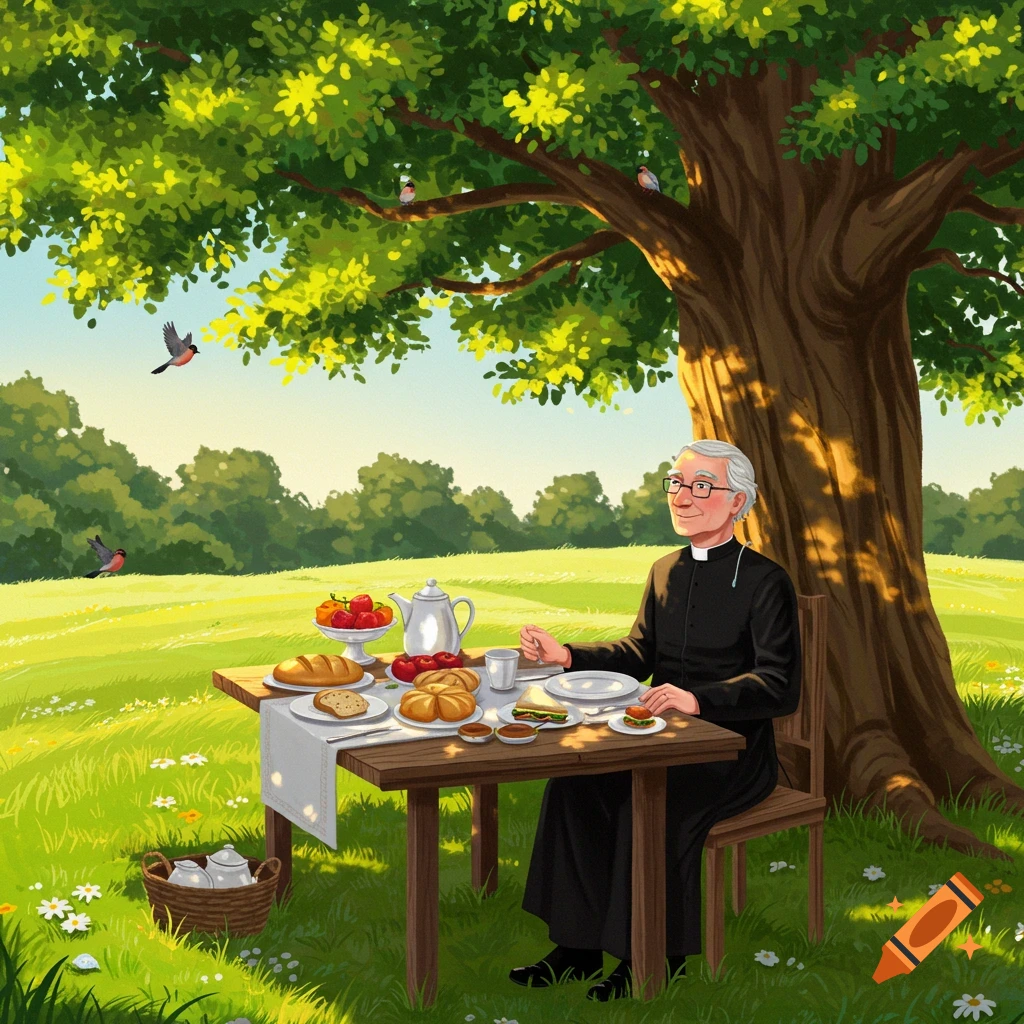 An illustrated scene of a parson enjoying an outdoor lunch under a large tree with birds in a sunny green field.