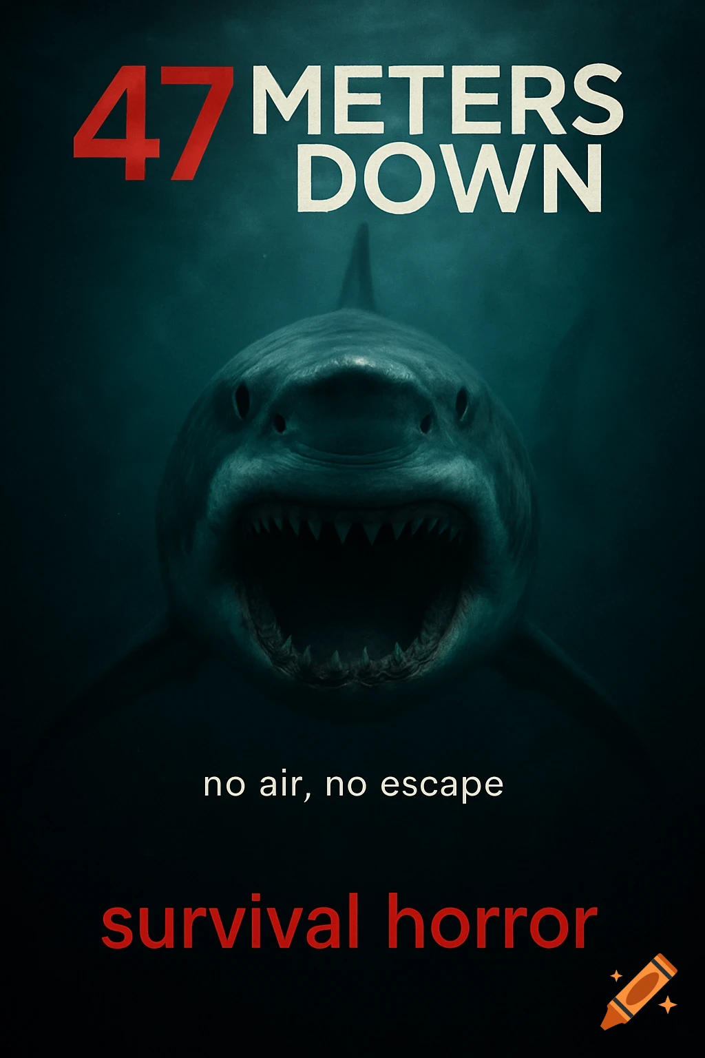 A movie poster for "47 METERS DOWN" featuring a menacing great white shark with an open mouth swimming towards the viewer in dark deep-sea water.