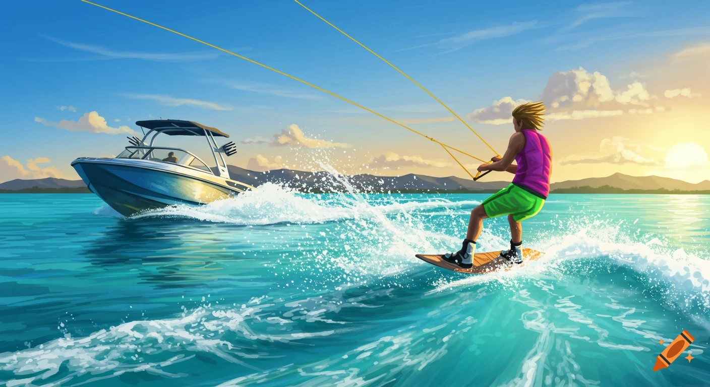 Illustrated wakeboarding scene with a person behind a boat on blue water at sunset.