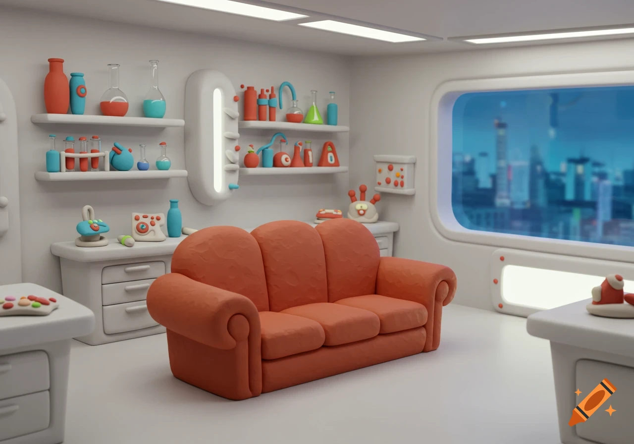 A modern claymation laboratory with a vibrant orange sofa, shelves filled with colorful beakers, and a large window overlooking a city skyline.