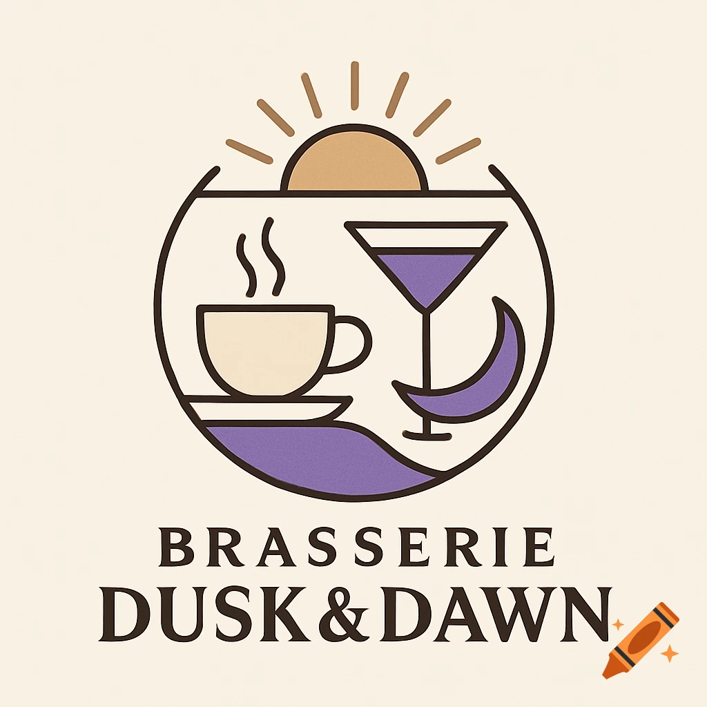Minimalist vector logo for 'Brasserie Dusk&Dawn' featuring a coffee cup, cocktail glass, sun, and crescent moon in beige and purple.
