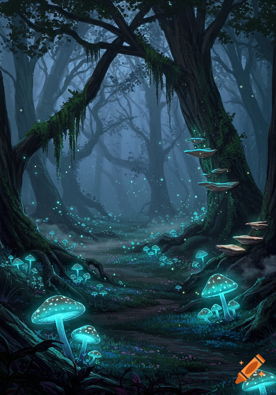 A mystical dark fantasy forest path is illuminated by numerous glowing blue mushrooms and faint ethereal lights.
