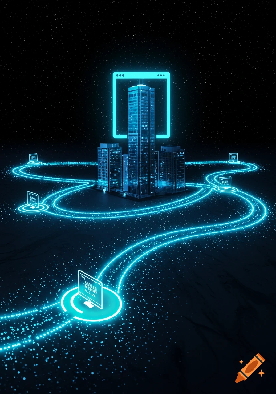 Futuristic city with tall buildings, glowing blue network lines connecting digital icons, against a starry night sky.