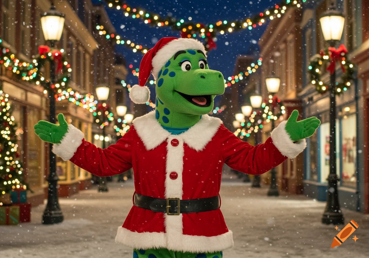 A green dinosaur mascot in a Santa suit stands on a snowy street lit with festive Christmas lights.
