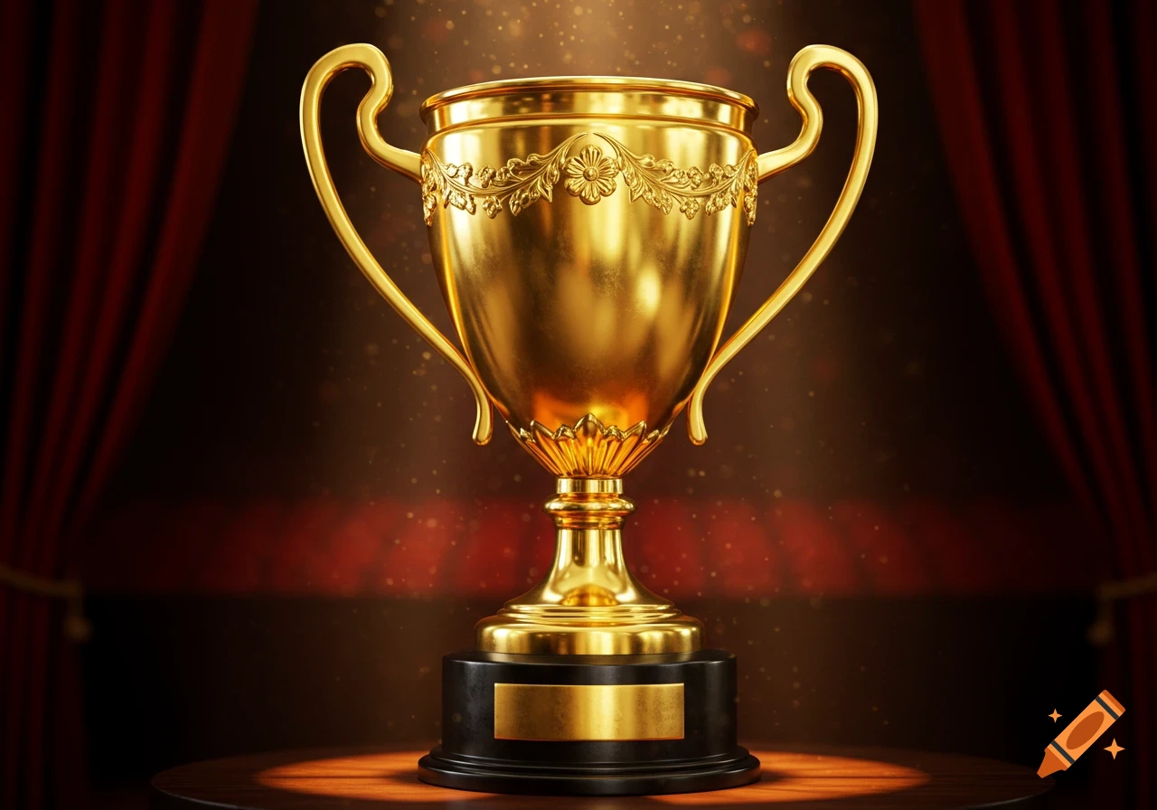 A photorealistic golden trophy with ornate details sits on a dark base, spotlit on a wooden table against red velvet curtains.