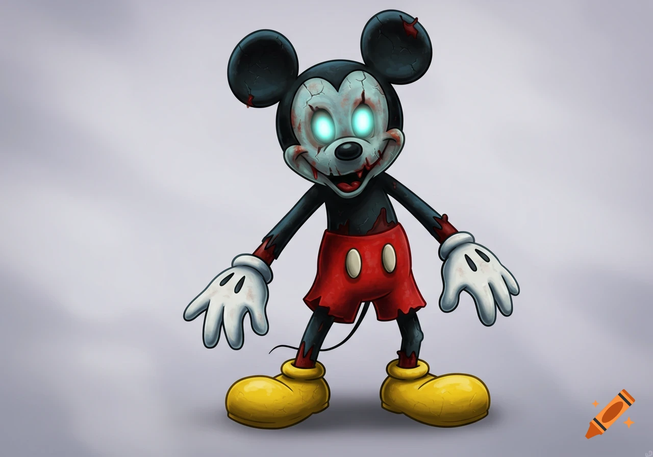 A cartoon illustration of zombie Mickey Mouse with glowing blue eyes, cracked skin, and blood stains, standing on a light gray background.