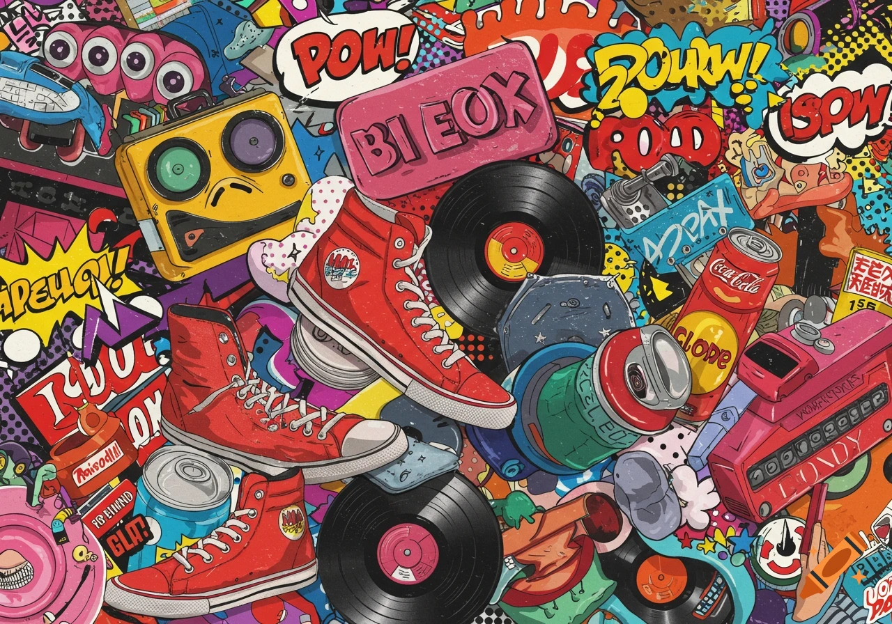 A colorful pop art collage featuring an array of everyday objects like red high-top sneakers, vinyl records, cameras, soda cans, and speech bubbles with text.