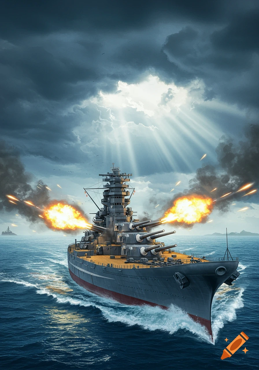 A detailed battleship fires its guns with large explosions, sailing through choppy seas under dramatic storm clouds and sun rays.