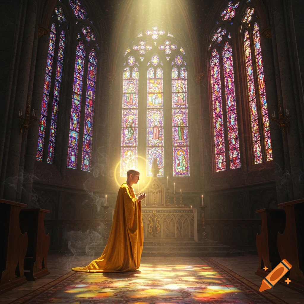 A person in a golden robe prays in a grand church with light streaming through colorful stained glass windows.