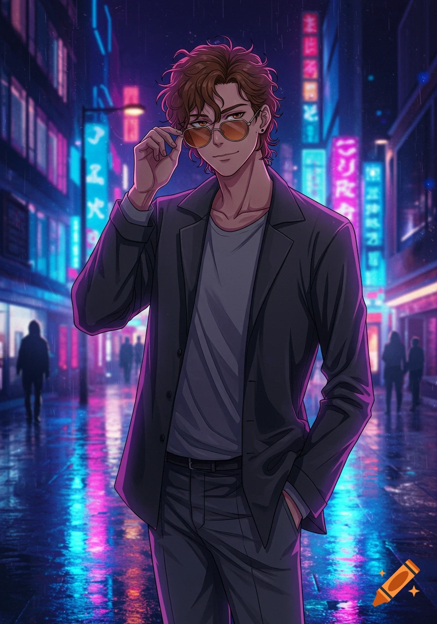 An anime man with curly brown hair and sunglasses in a black jacket stands on a wet, neon-lit city street at night.