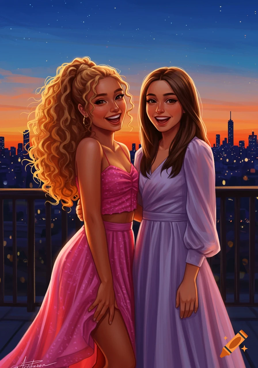 Two smiling young women in dresses on a city rooftop at sunset, one with curly blonde hair in pink, the other with brown hair in purple, illustration.