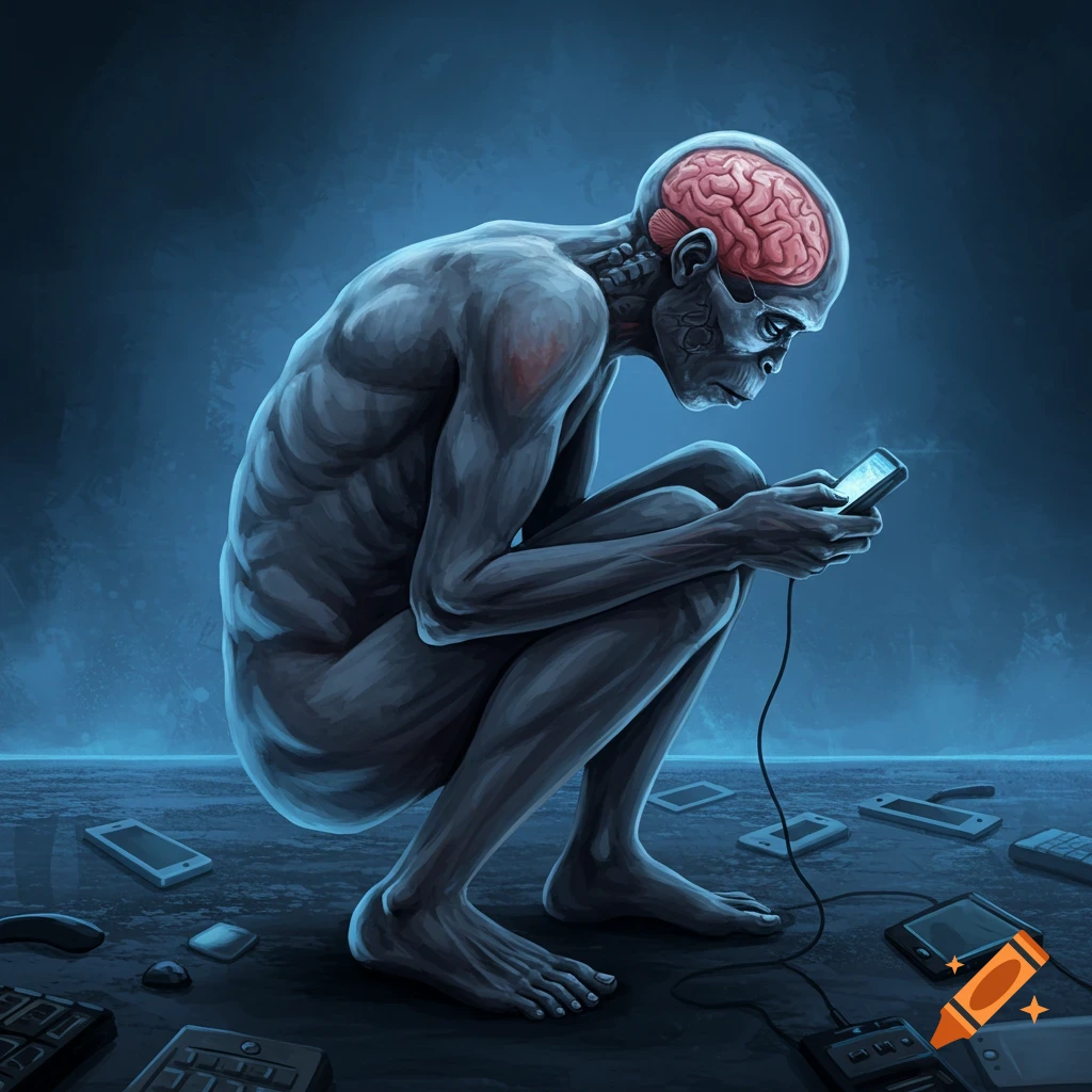 A gaunt, hunched figure with an exposed brain stares intently at a smartphone, surrounded by discarded electronics, in a dark, stylized illustration.