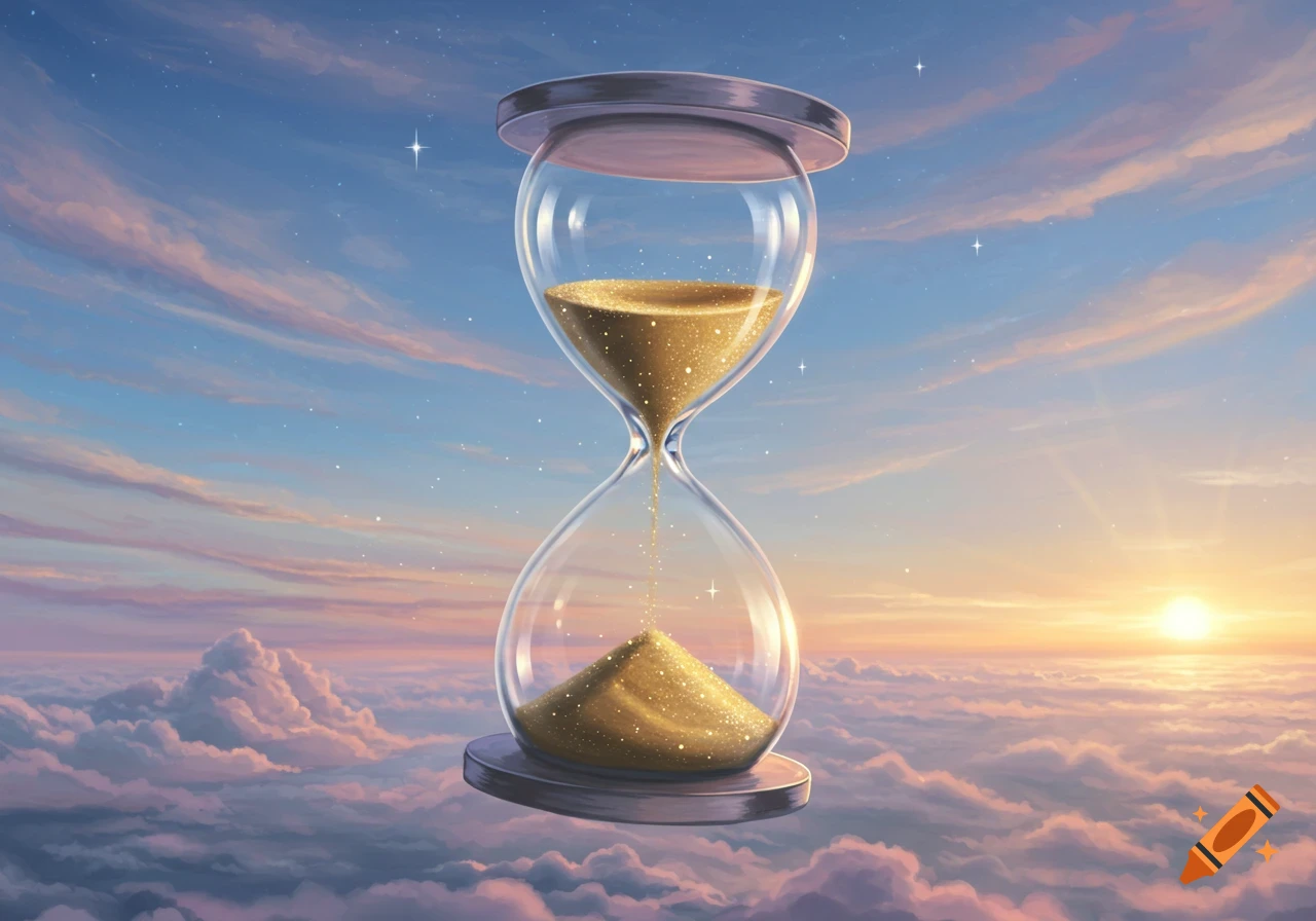 An hourglass with golden sand suspended above a sea of clouds, illuminated by a warm sunset glow with stars in the sky.