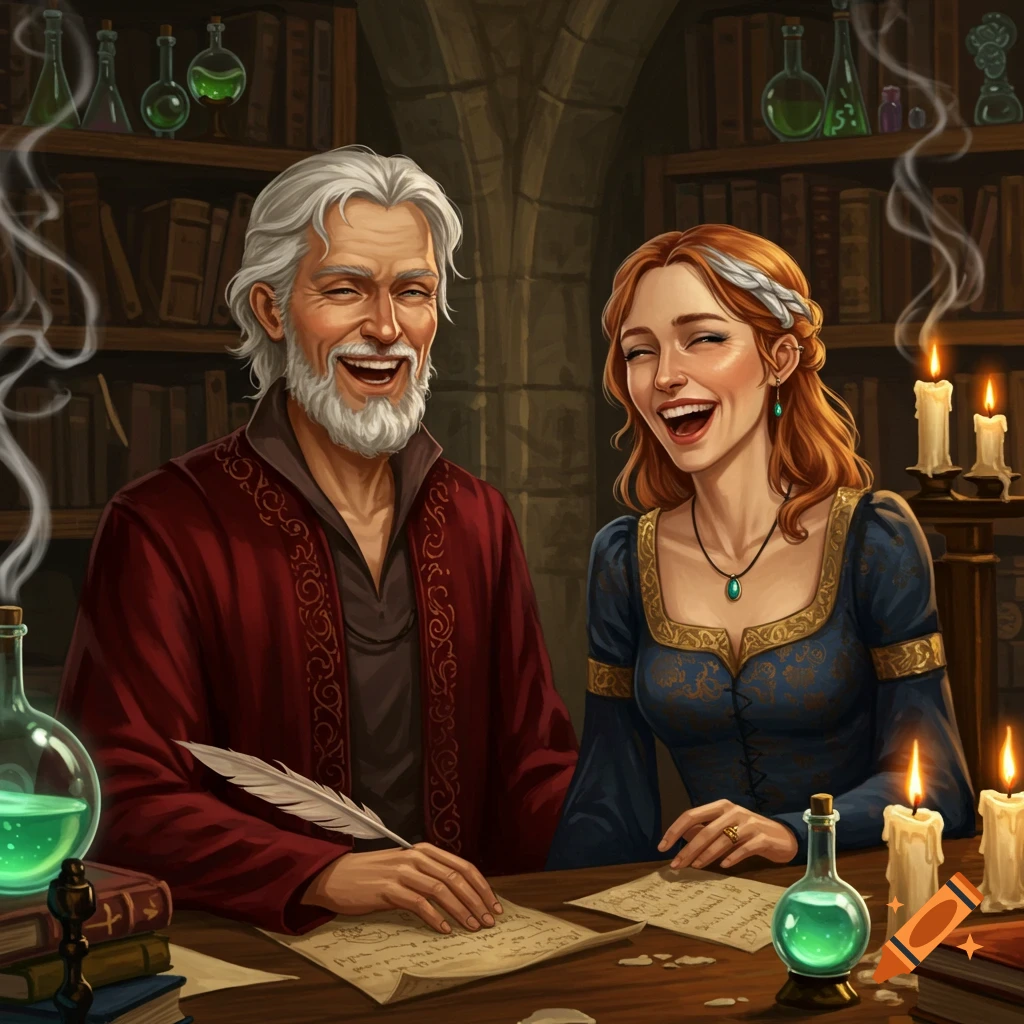 A white-haired man and a red-haired woman laugh at a desk with quills, potions, and books in a medieval study.