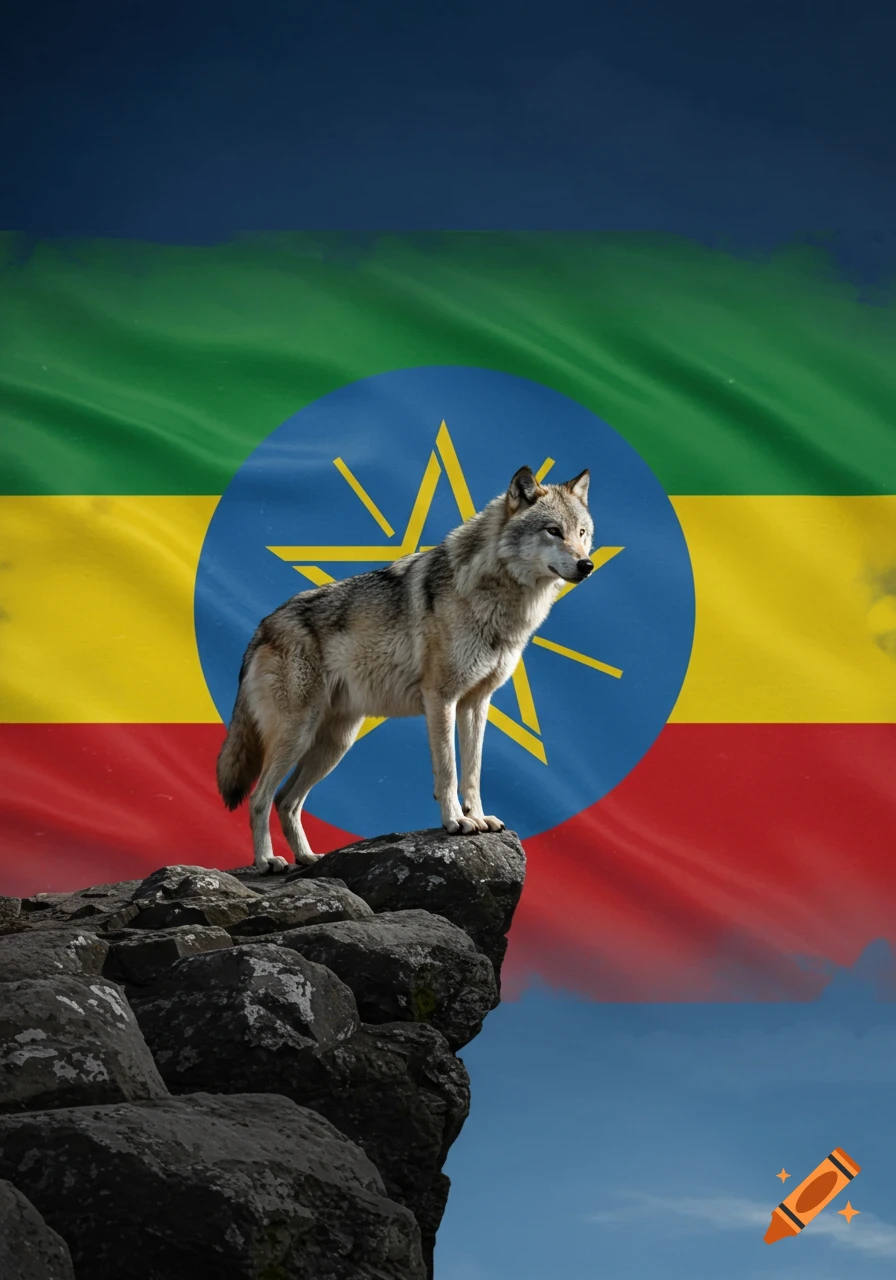 A majestic wolf stands on a rocky cliff, set against the vibrant Ethiopian flag.