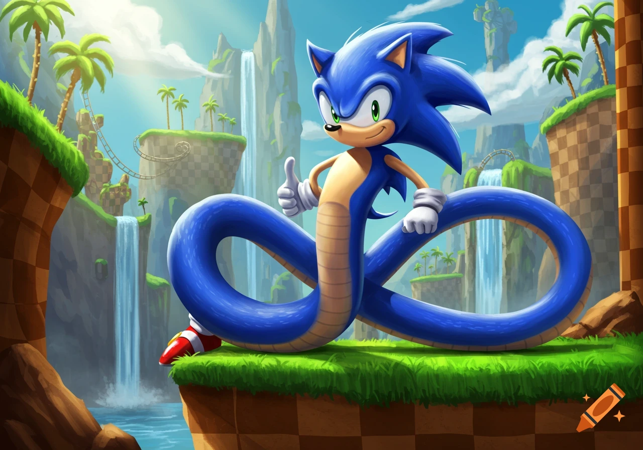 Sonic the Hedgehog with a snake-like body gives a thumbs up in a ...