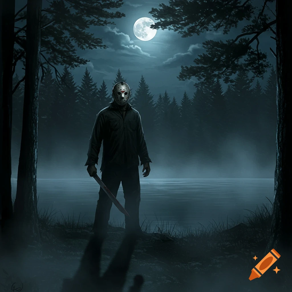 Jason Voorhees in a dark, misty forest by a moonlit lake, holding a bloodied machete in a horror illustration.