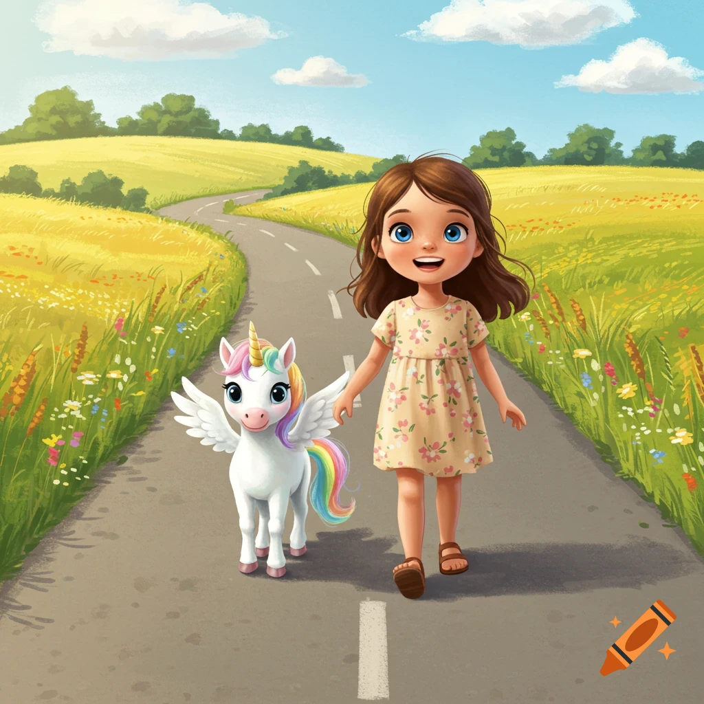A cheerful cartoon girl with brown hair walks a winding road with a winged unicorn, surrounded by green fields and wildflowers under a blue sky.